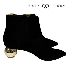 New Katy Perry The Hux Gold Globe Black Suede Ankle Boots Booties 7